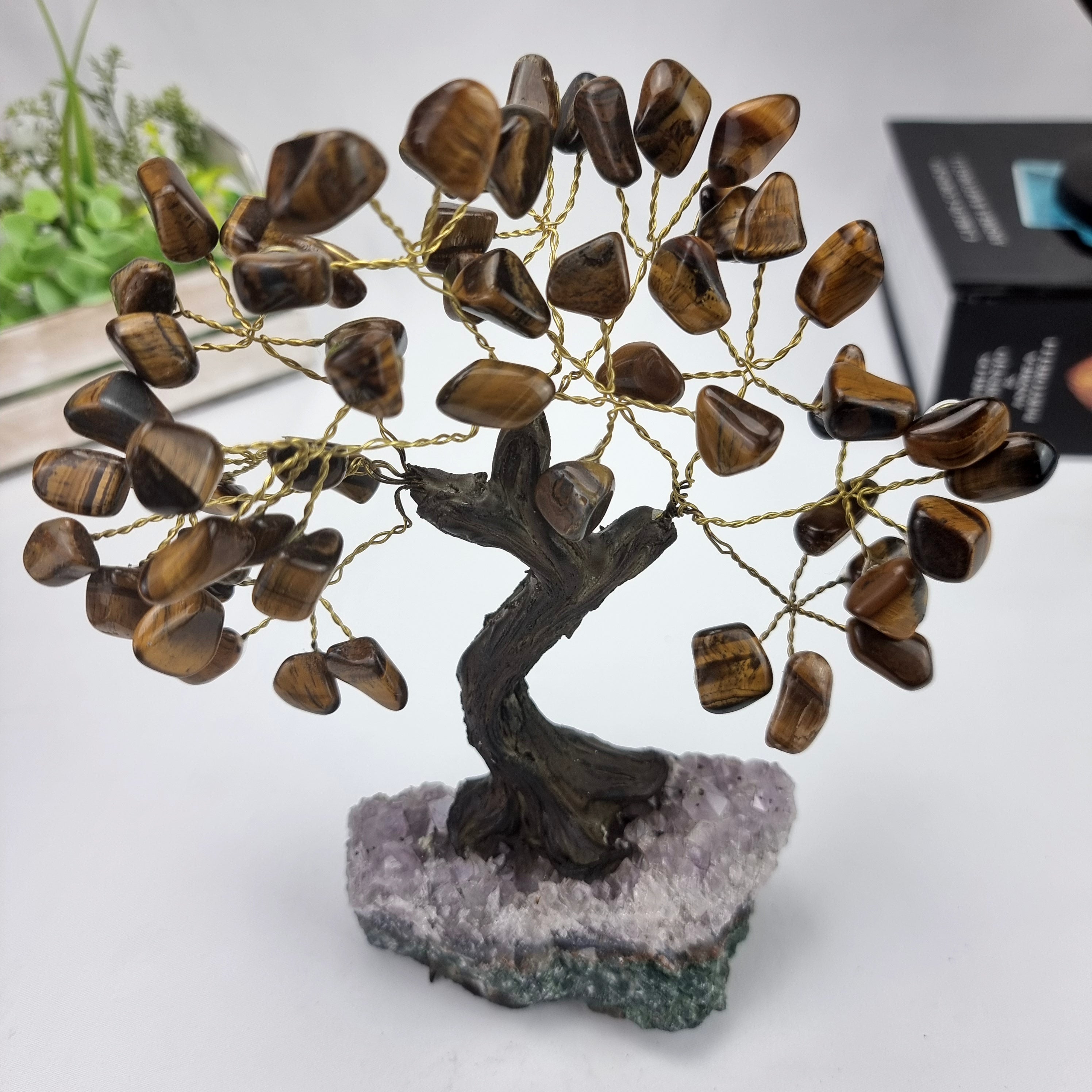 Natural TIGER'S EYE Tree | 60 Stones, 12 branches | Amethyst base, 15 cm height - BR Crystals Handmade Piece