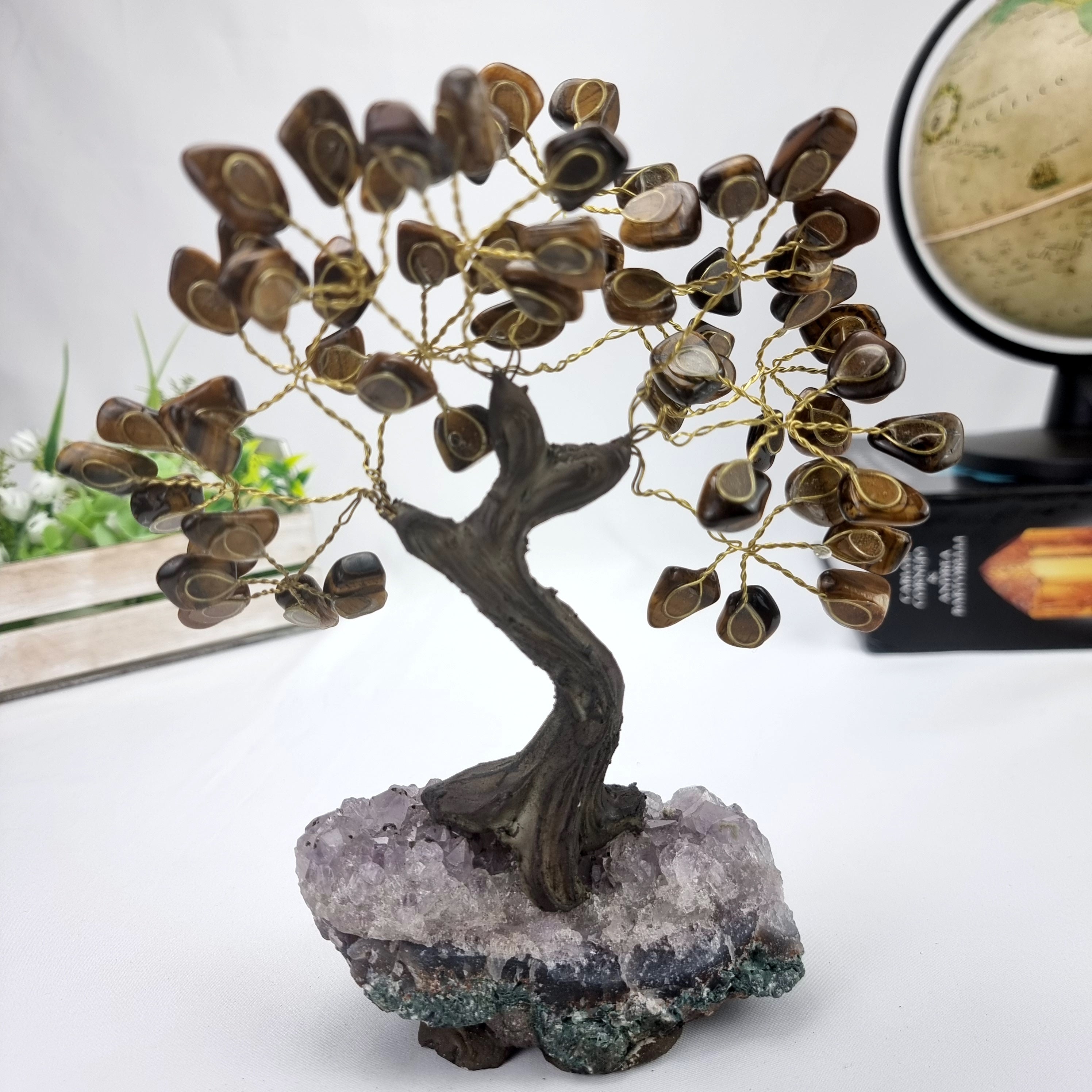 Natural TIGER'S EYE Tree | 60 Stones, 12 branches | Amethyst base, 15 cm height - BR Crystals Handmade Piece