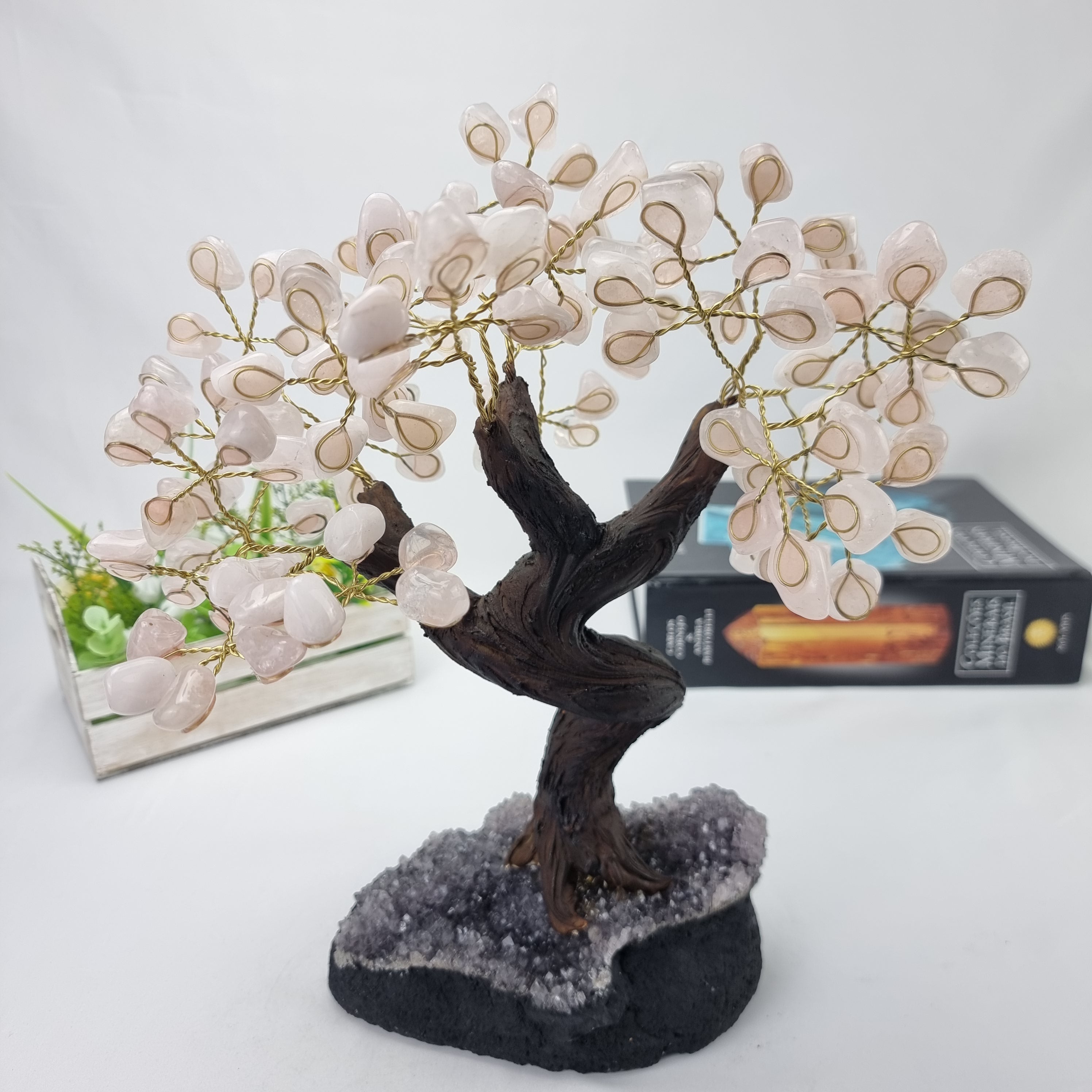 Árvore de QUARTZO ROSA Natural | 120 Pedras, 24 galhos | Base de Ametista com 20 cm altura - Peça Artesanal BR Crystals