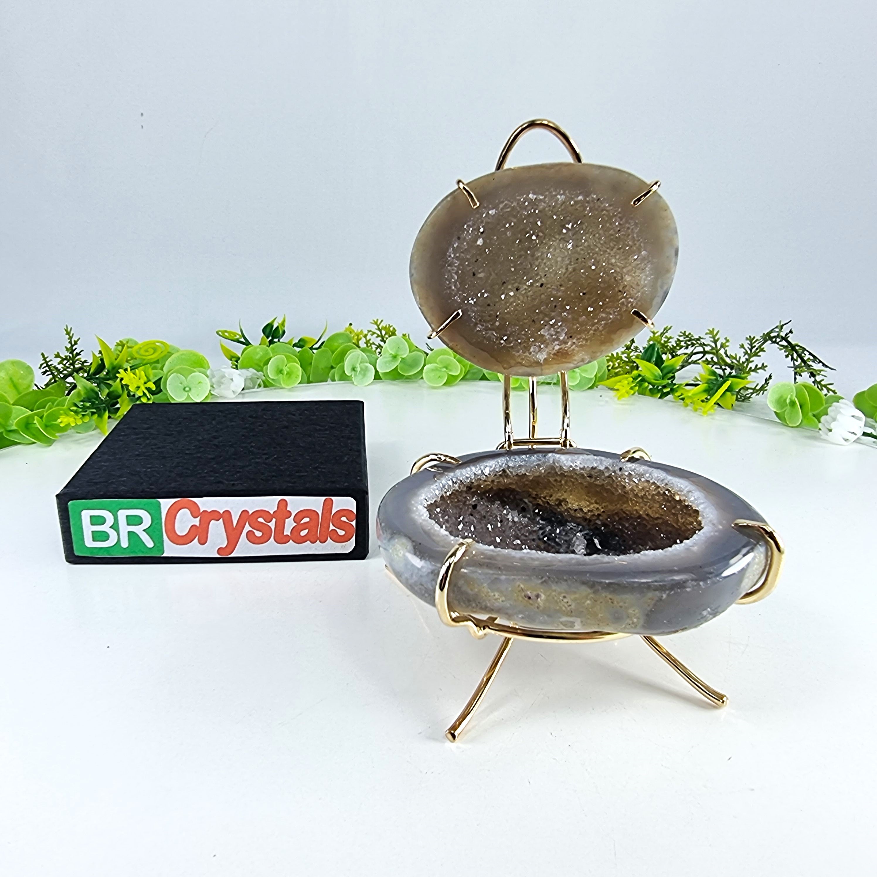 Porta Joias de Geodo de Àgatas | Base Dourada | Peso 310 g, Altura 6 cm | Peça única Especial