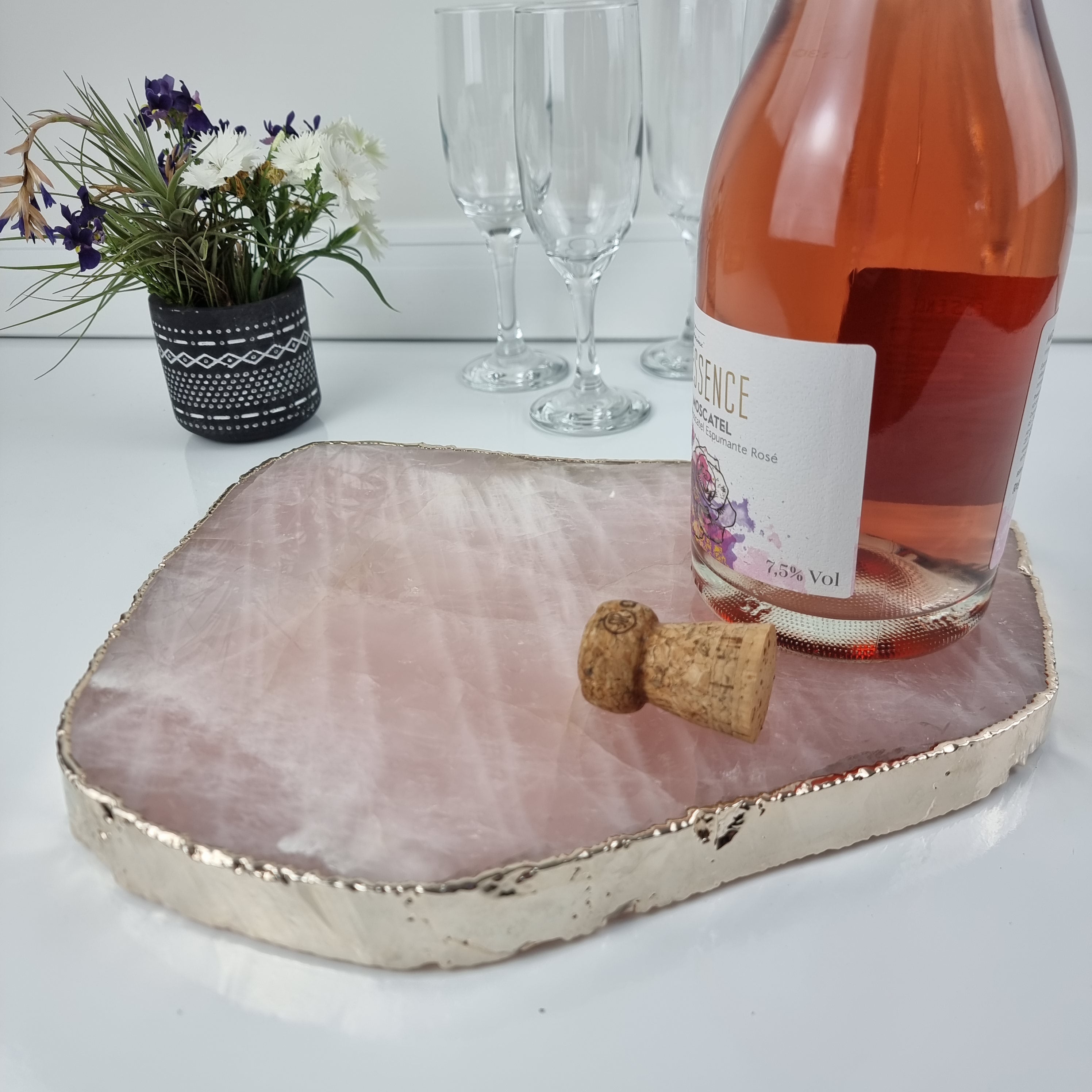 Bandeja de QUARTZO ROSA Bordas Douradas | 1 Unidade | Tamanho 30 cm | Peça Artesanal BR Crystals