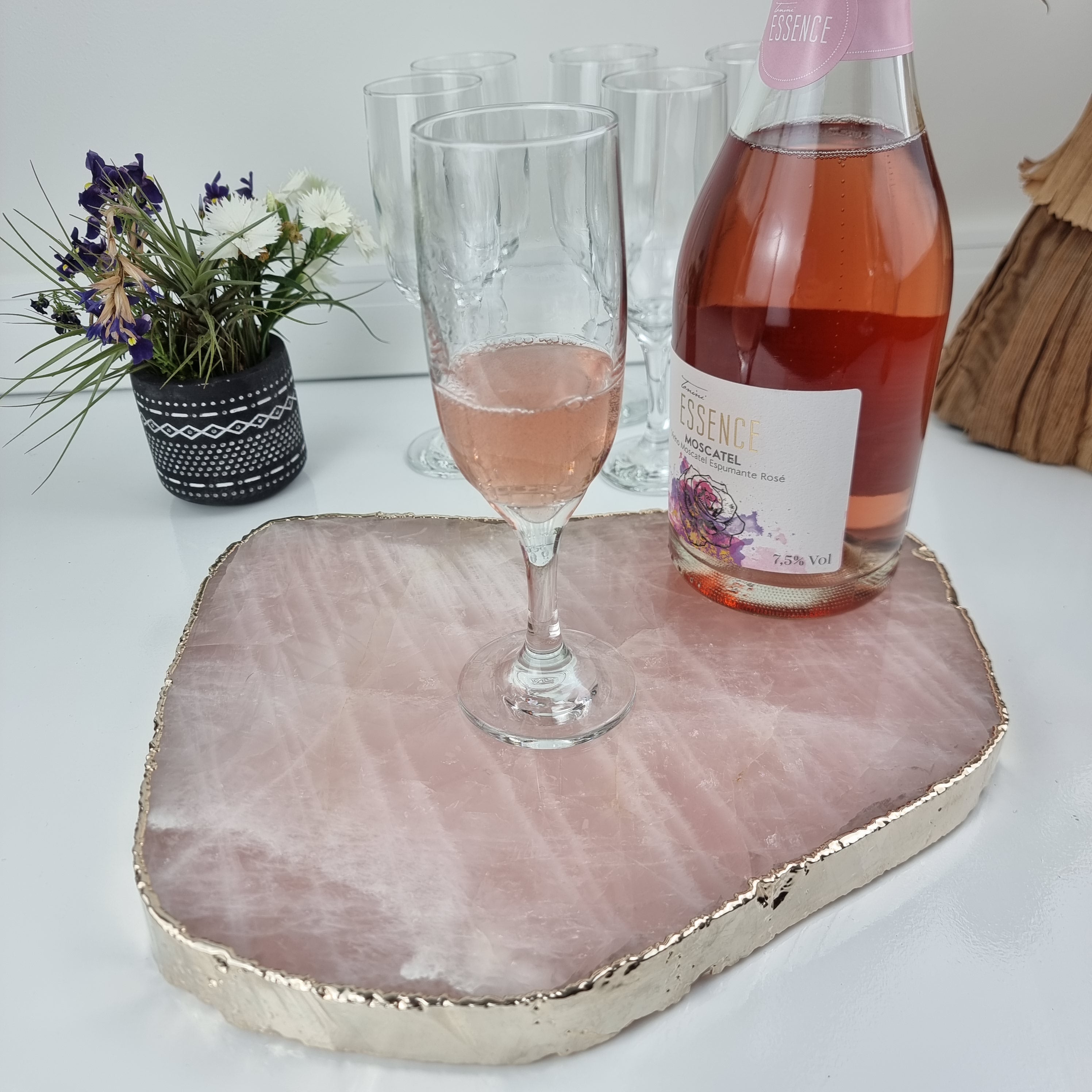 Bandeja de QUARTZO ROSA Bordas Douradas | 1 Unidade | Tamanho 30 cm | Peça Artesanal BR Crystals
