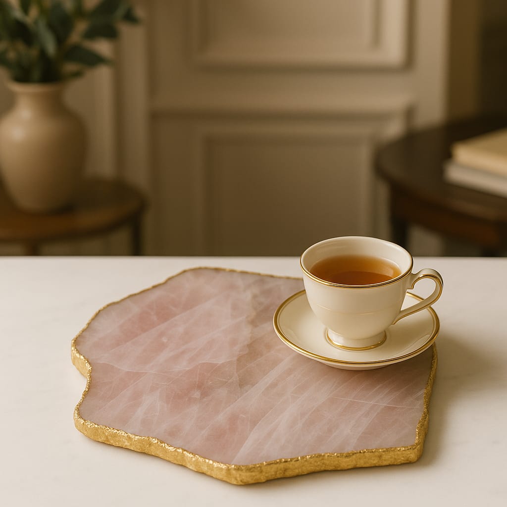 Bandeja de QUARTZO ROSA Bordas Douradas | 1 Unidade | Tamanho 30 cm | Peça Artesanal BR Crystals