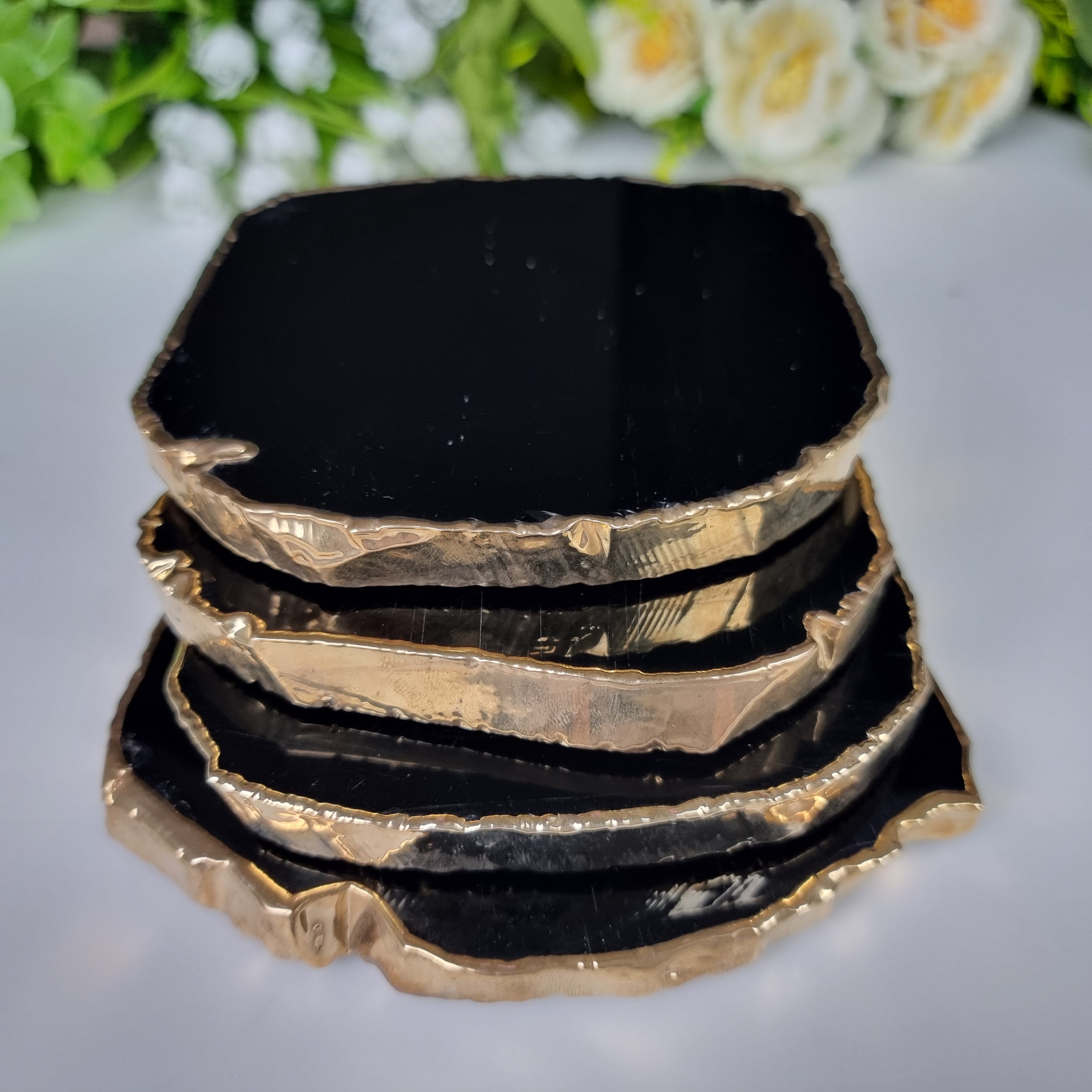 Porta Copos Quartzos Sortidos Banho Dourado 10 A 13 Cm - 4 Pçs Peso total de 1,20 kg