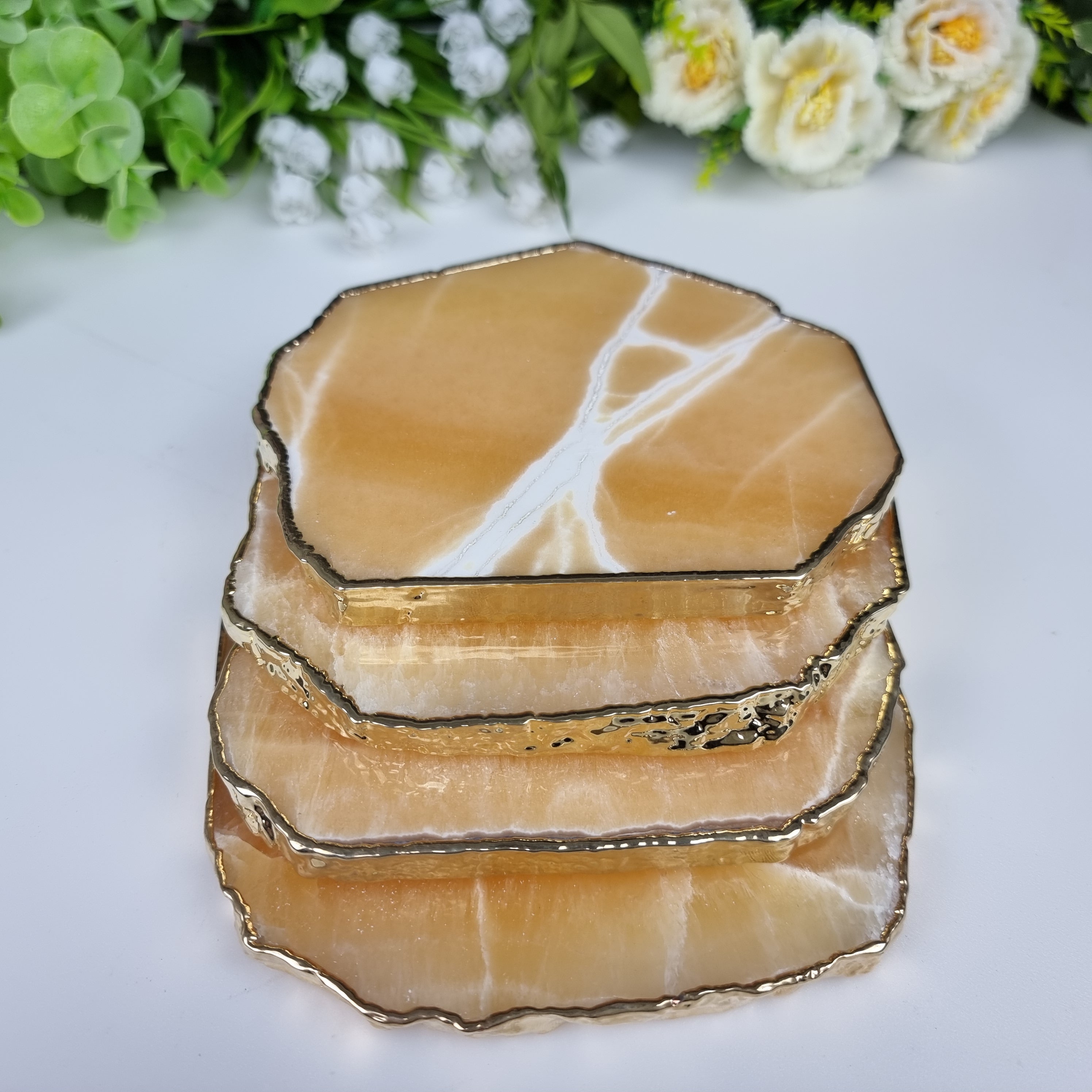 Porta Copos Quartzos Sortidos Banho Dourado 10 A 13 Cm - 4 Pçs Peso total de 1,20 kg