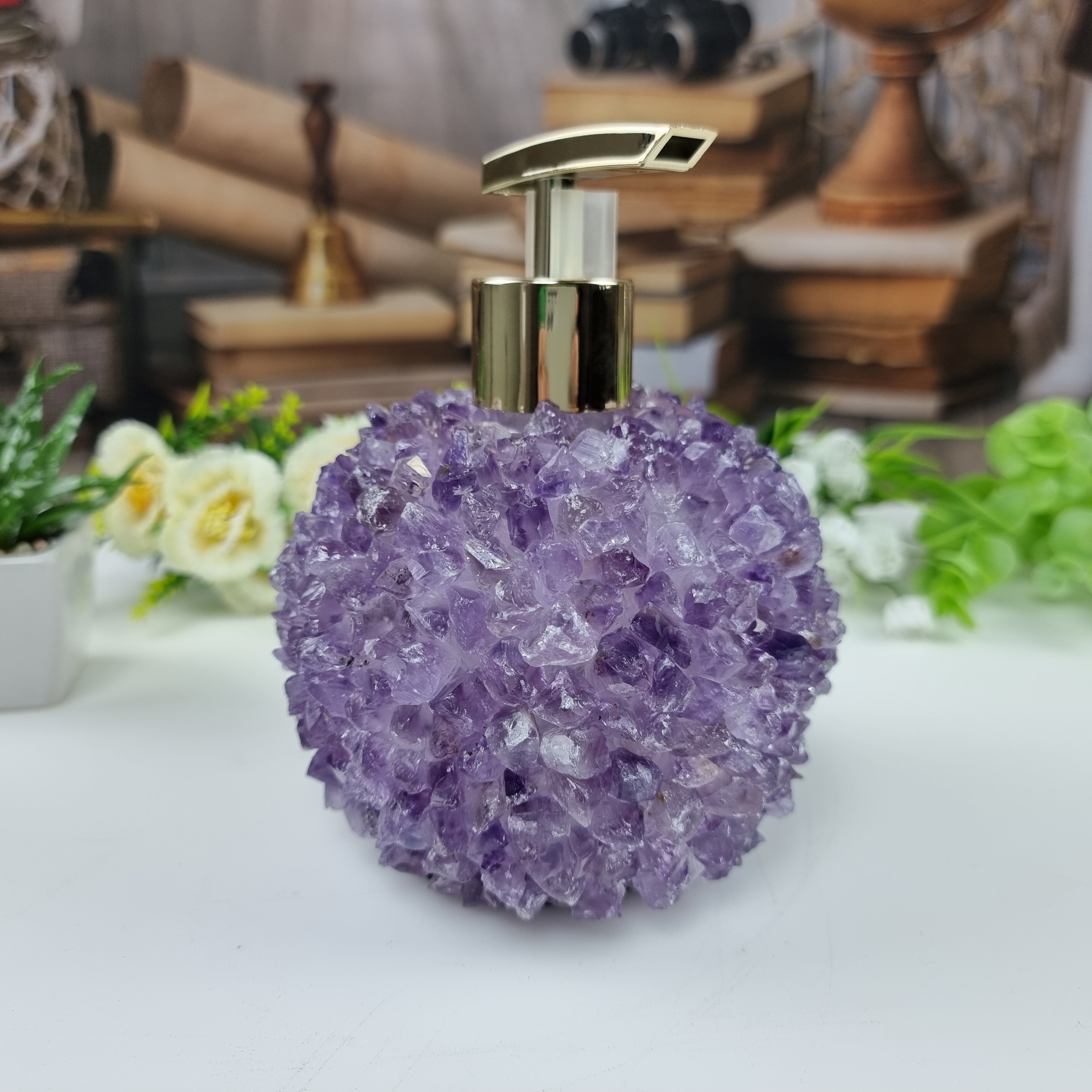 Saboneteira de Ametista Cristais | Altura 15 cm | Bocal Dourado e Prateado | Energia, Beleza e Sofisticação