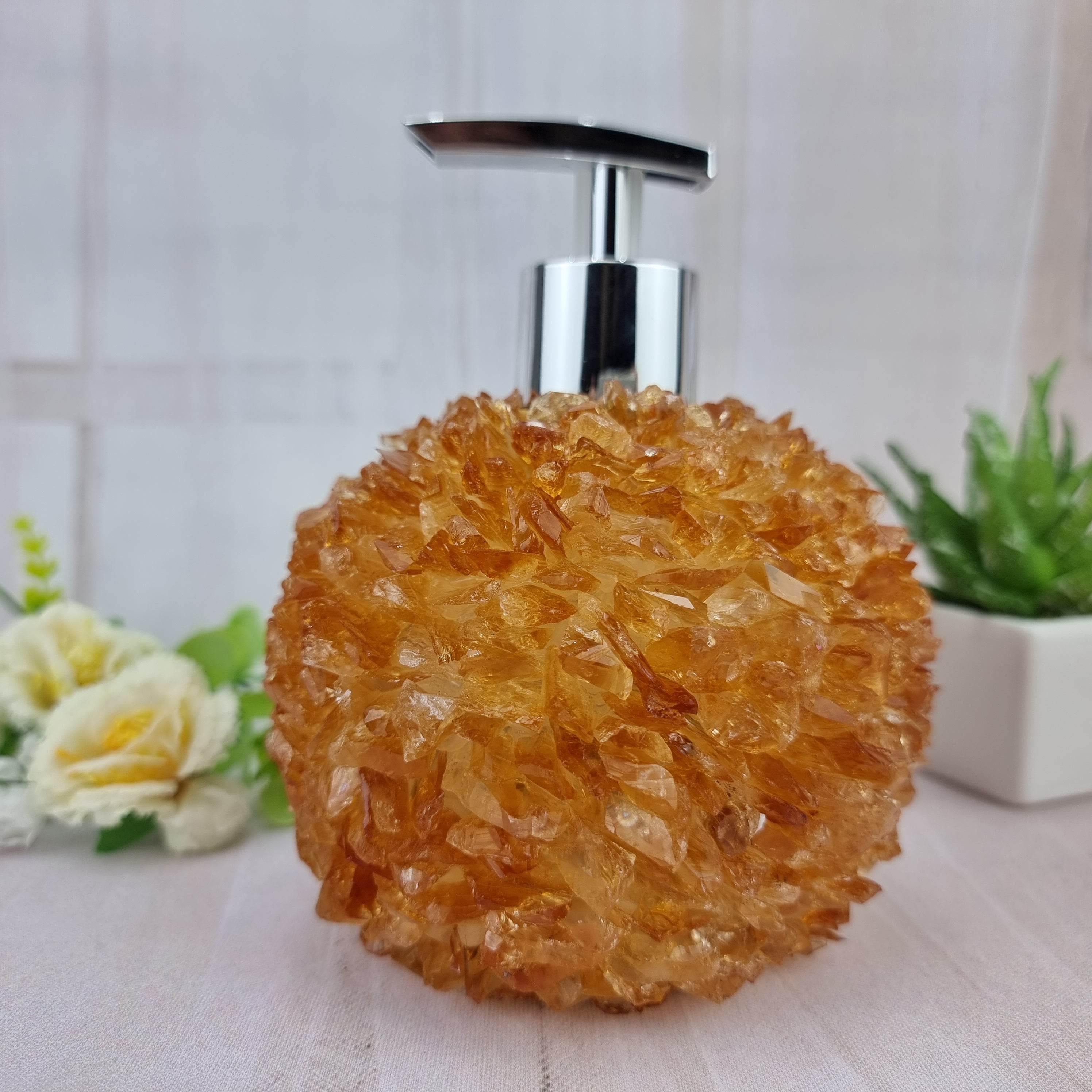 Saboneteira de CITRINO com Cristais | Altura 15 cm | Bocal Dourado e Prateado | Energia, Beleza e Sofisticação