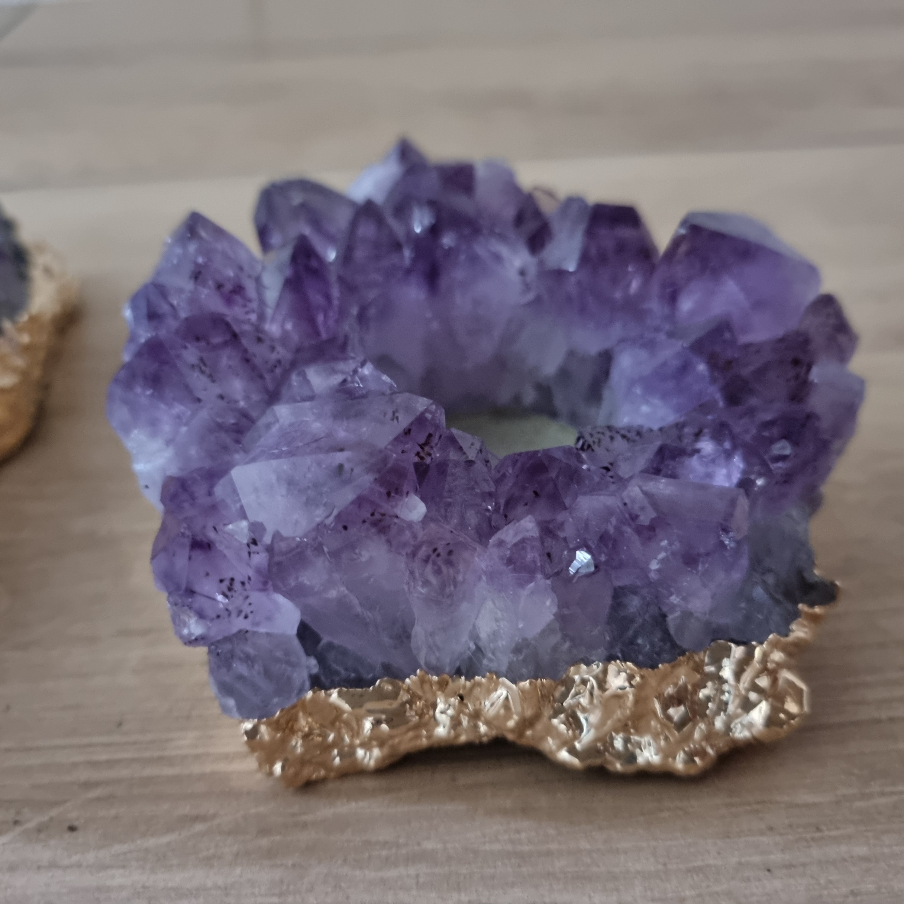 Amethyst Druse Candle Holder with Special Crystals | Gold Plated Edges | Energy, Beauty and Sophistication | Handmade BR Crystal Piece