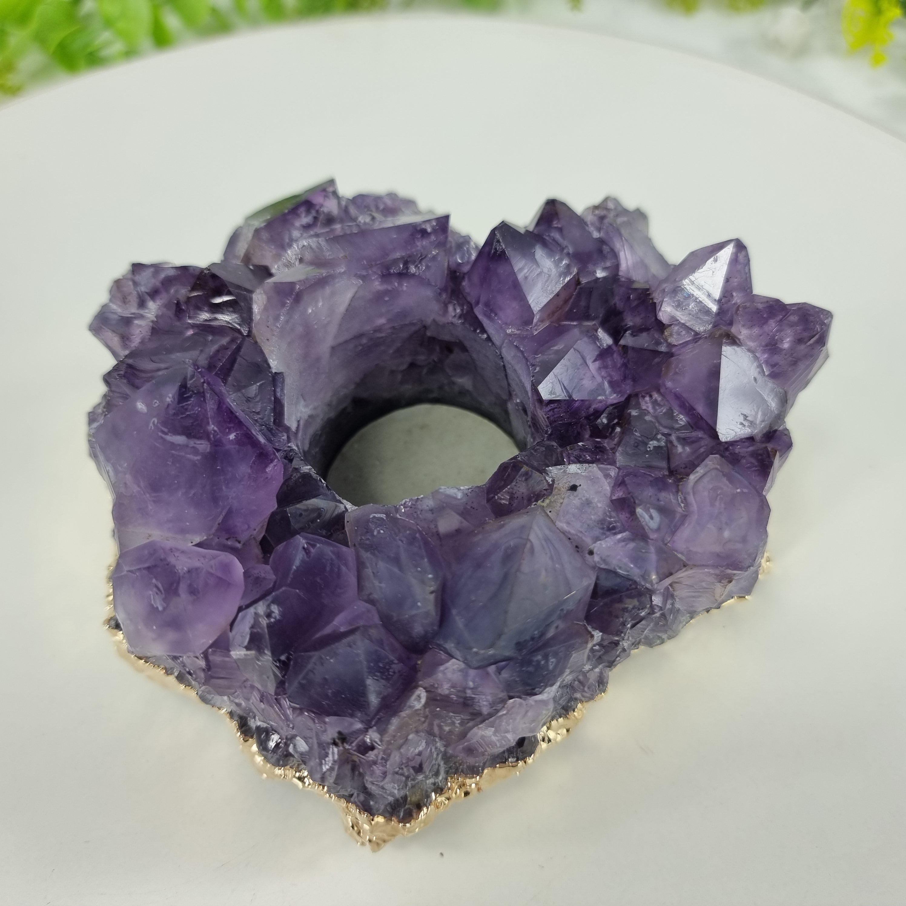 Amethyst Druse Candle Holder with Special Crystals | Gold Plated Edges | Energy, Beauty and Sophistication | Handmade BR Crystal Piece