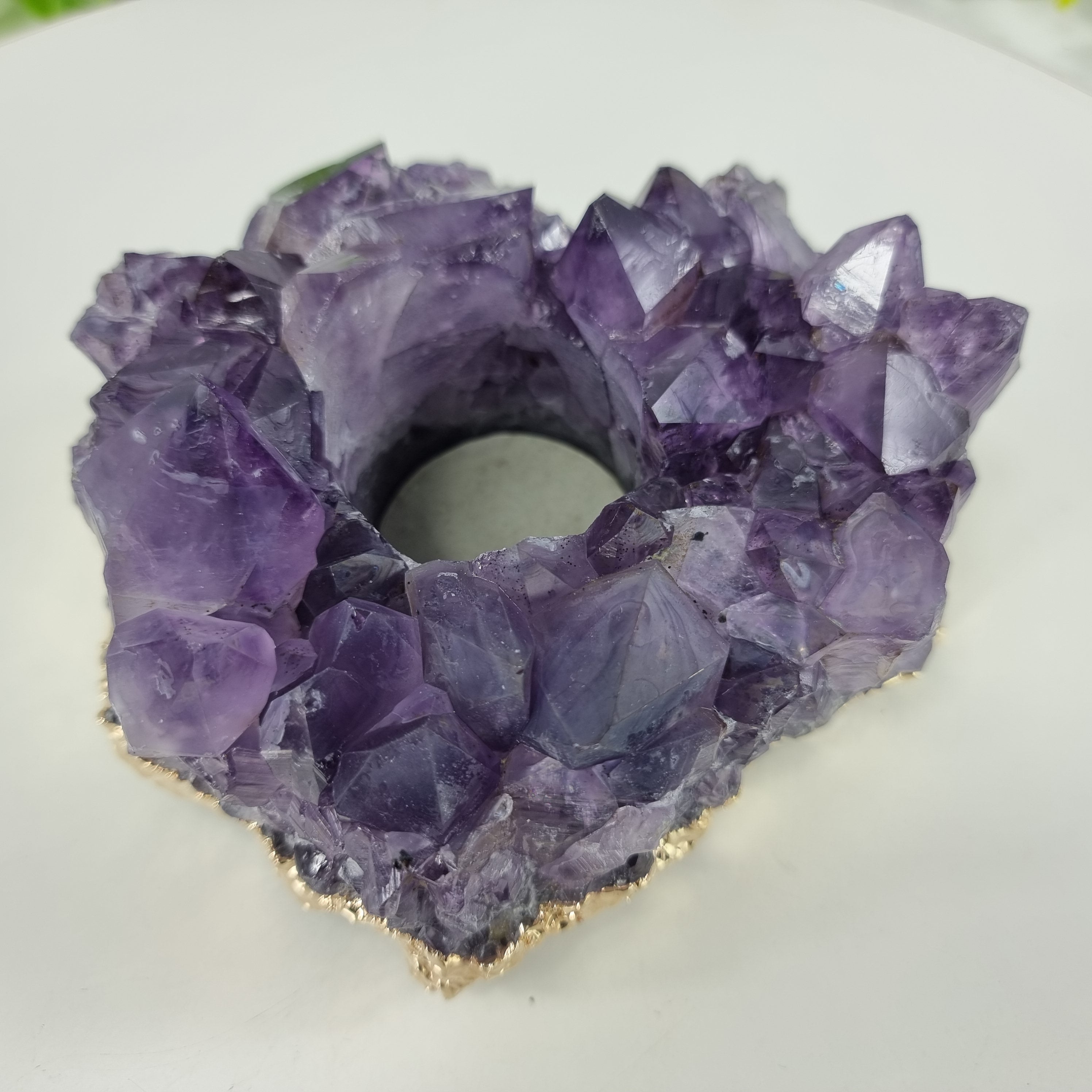 Amethyst Druse Candle Holder with Special Crystals | Gold Plated Edges | Energy, Beauty and Sophistication | Handmade BR Crystal Piece