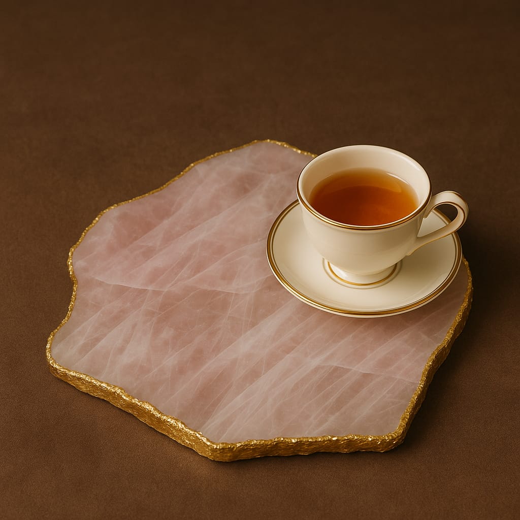 Bandeja de QUARTZO ROSA Bordas Douradas | 1 Unidade | Tamanho 30 cm | Peça Artesanal BR Crystals