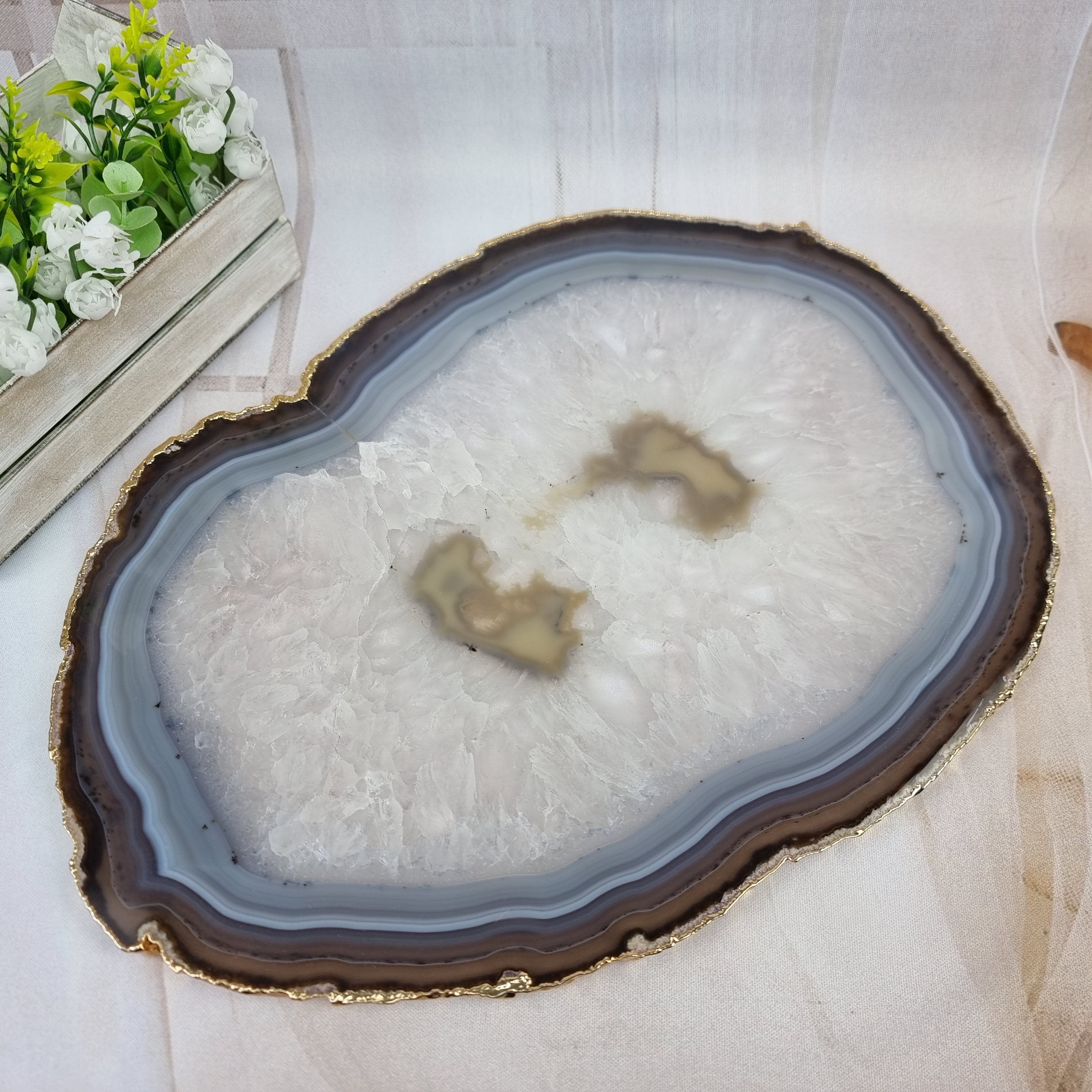 Bandejas de Ágatas Naturales Especiales con BAÑO Dorado | 1 Unidad | Tamaño 30 cm | Pieza Artesanal BR Crystals