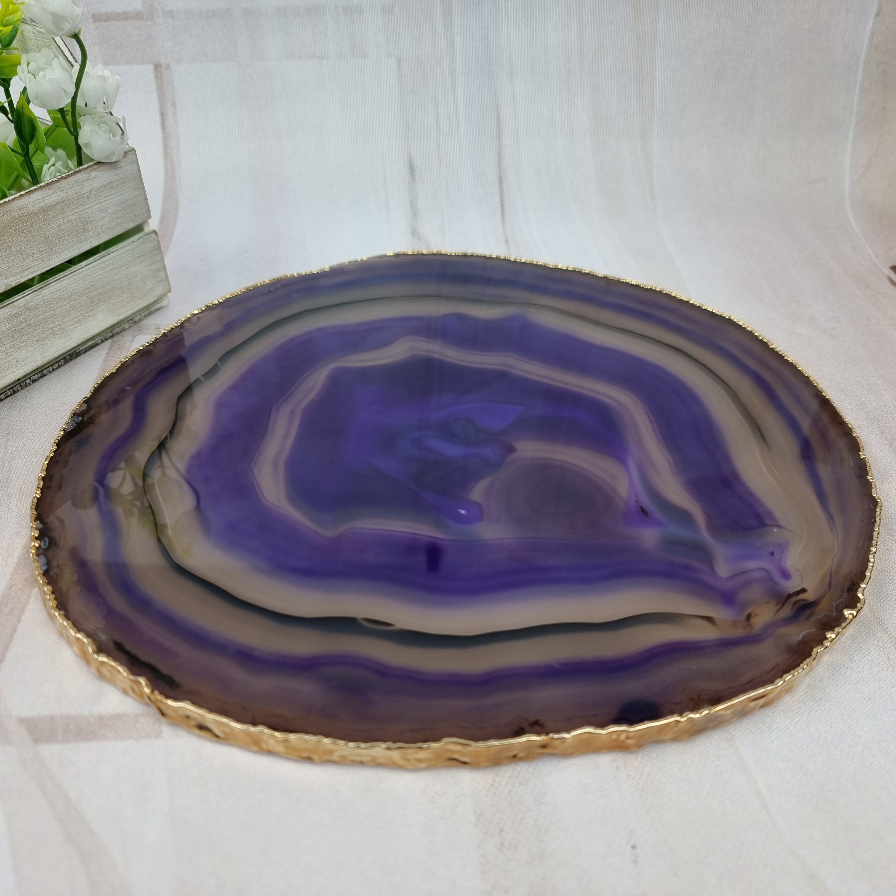 Bandejas de Ágatas Naturales Especiales con BAÑO Dorado | 1 Unidad | Tamaño 30 cm | Pieza Artesanal BR Crystals