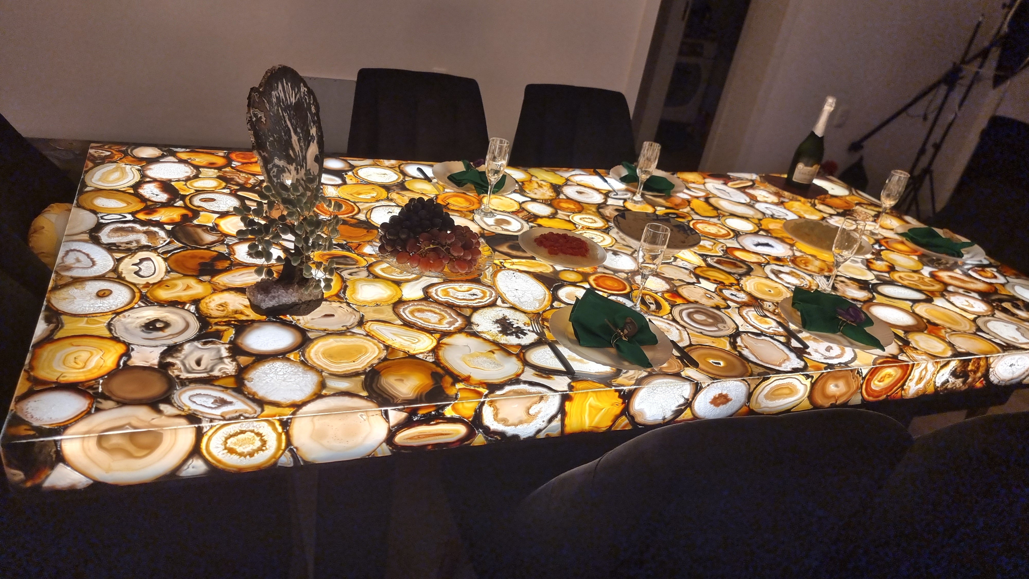 Mesa de JANTAR de Ágatas Desenhadas Resinadas com Iluminação LED de 2,80m x 1,35m Extra Quality