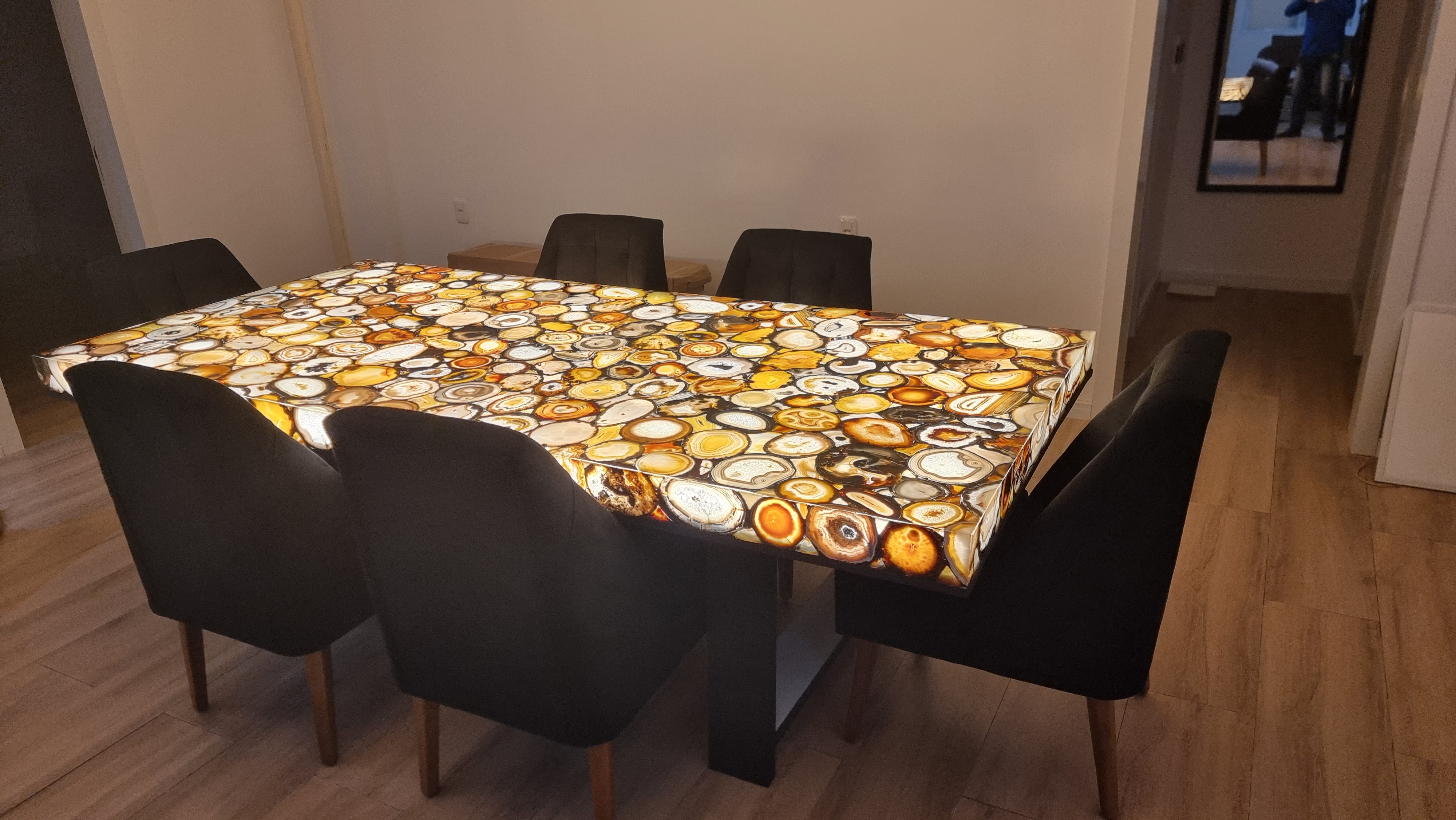 Mesa de JANTAR de Ágatas Desenhadas Resinadas com Iluminação LED de 2,80m x 1,35m Extra Quality