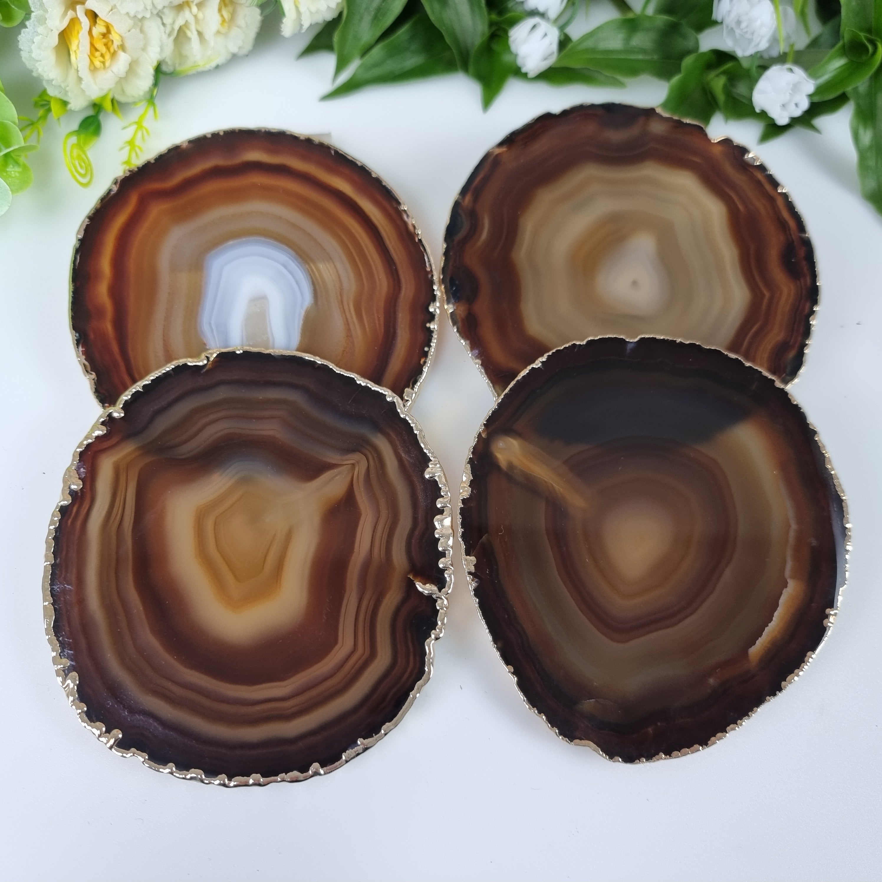 Porta Copos Ágatas Naturais BANHO DOURADO tam 10 a 12 cm kit 4 Pçs Peso 0,500 kg