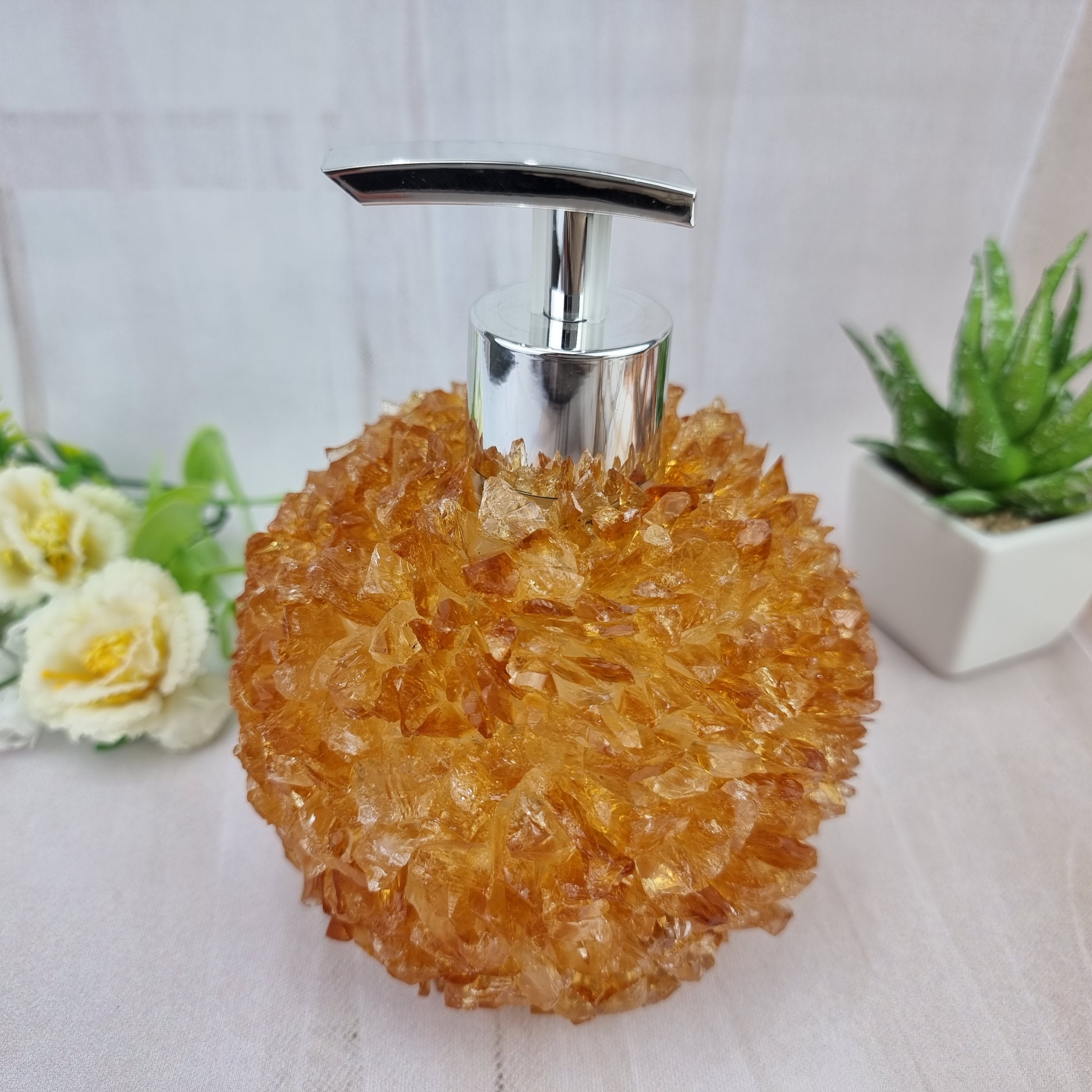 Saboneteira de CITRINO com Cristais | Altura 15 cm | Bocal Dourado e Prateado | Energia, Beleza e Sofisticação