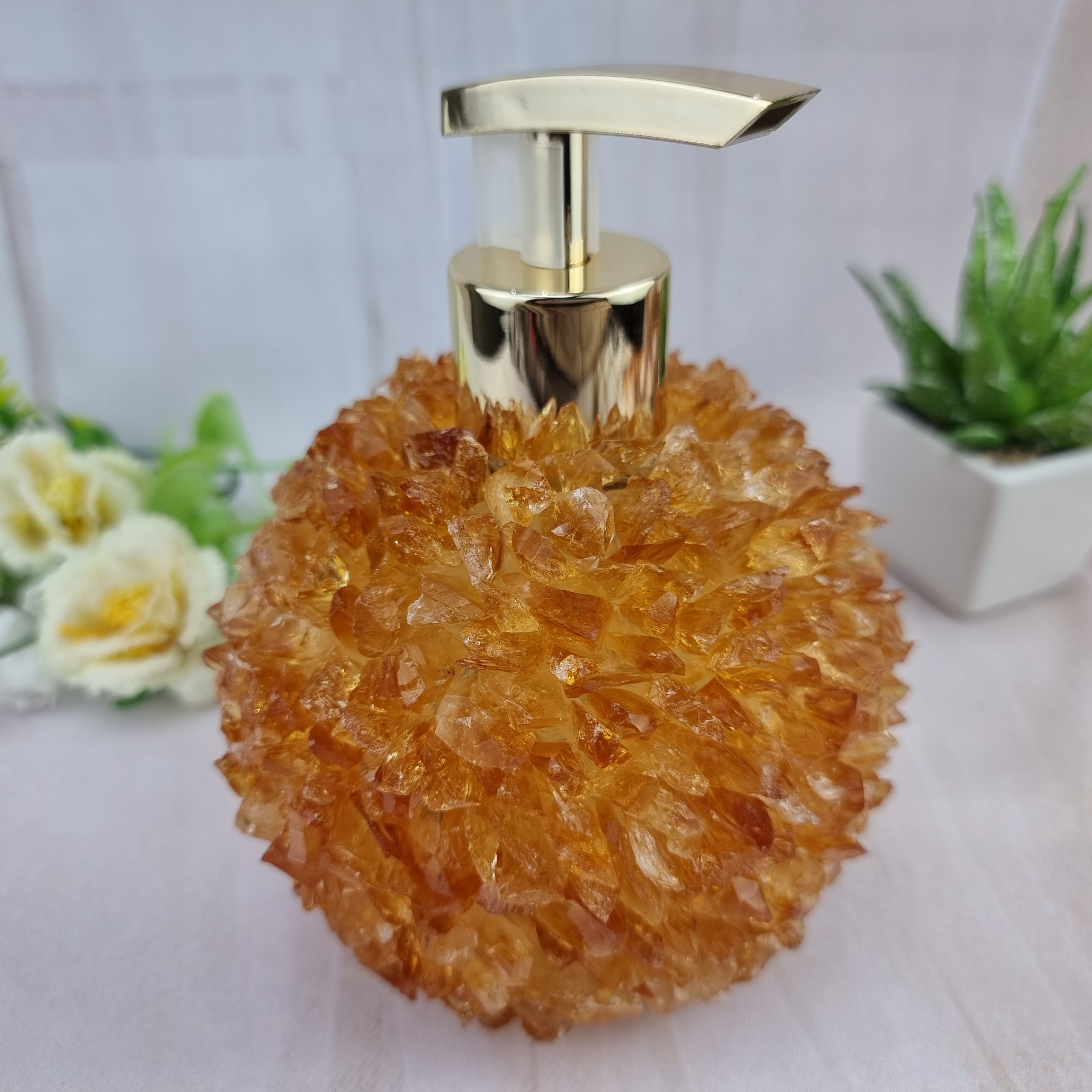 Saboneteira de CITRINO com Cristais | Altura 15 cm | Bocal Dourado e Prateado | Energia, Beleza e Sofisticação